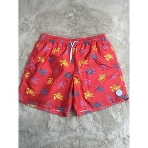 Men's red swim trunks with colorful turtle print. Elastic Size XL